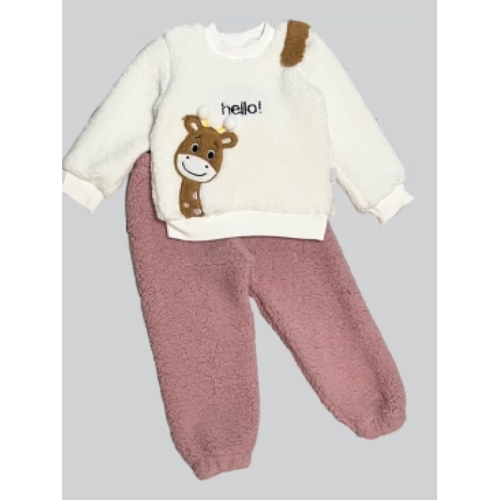 1-2-3 Yaş Hello Zürafa Nakışlı Kuzu Kumaş Sweat Pantolon Uzun Kollu Kız Erkek 2 Li Takımı