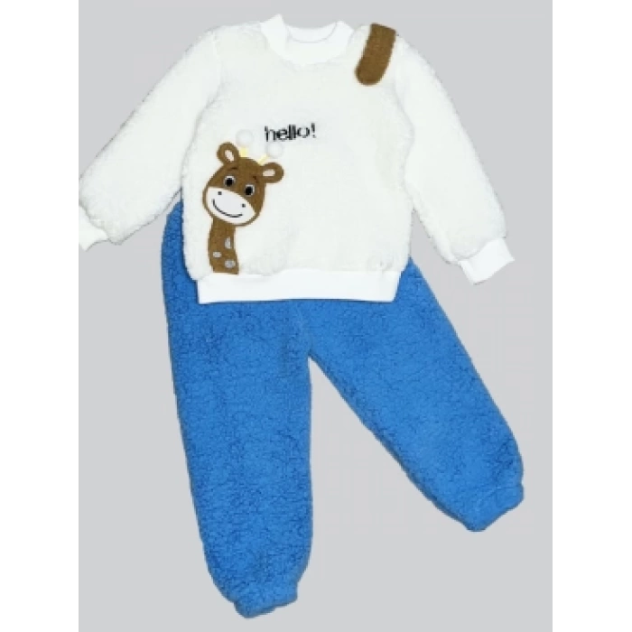 1-2-3 Yaş Hello Zürafa Nakışlı Kuzu Kumaş Sweat Pantolon Uzun Kollu Kız Erkek 2 Li Takımı