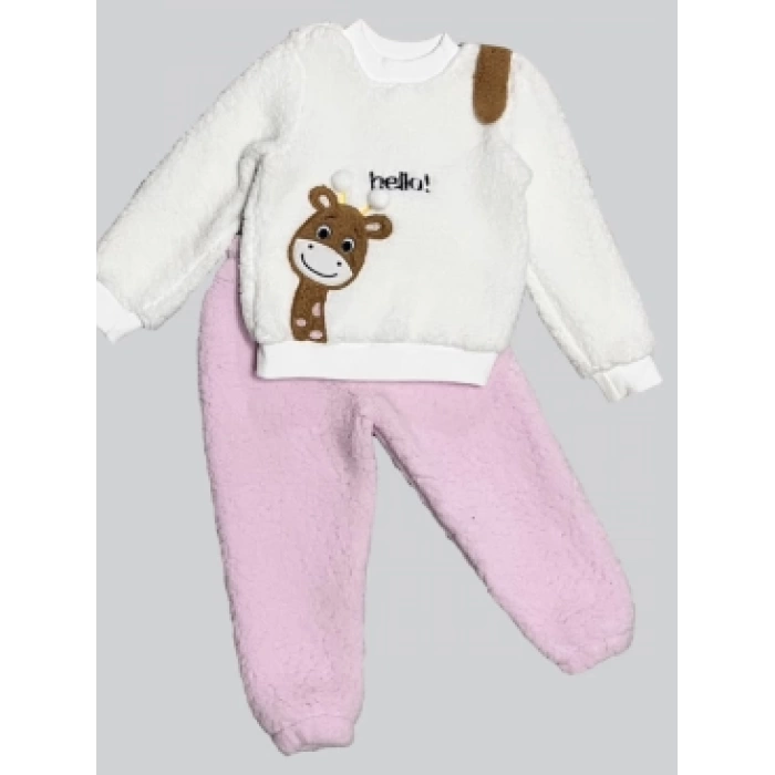 1-2-3 Yaş Hello Zürafa Nakışlı Kuzu Kumaş Sweat Pantolon Uzun Kollu Kız Erkek 2 Li Takımı