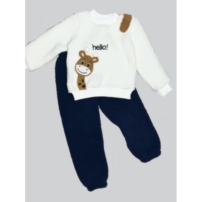 1-2-3 Yaş Hello Zürafa Nakışlı Kuzu Kumaş Sweat Pantolon Uzun Kollu Kız Erkek 2 Li Takımı