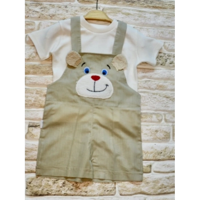 1-2-3 Yaş Keten Kumaş Tişörtlü Ayıcık Nakışlı Şort 2li Kız Erkek Bebek Salopet Takımı