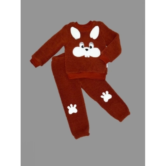 1-2-3 Yaş Kulaklı Tavşan Figürlü Kuzu Kumaş Sweat Pantolon Uzun Kollu Kız Erkek 2 Li Takımı