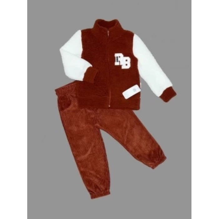 1-2-3 Yaş Kuzu Kumaş Fermuarlı Sweat Kadife Pantolonlu Uzun Kollu Kız Erkek Çocuk 2li Takım