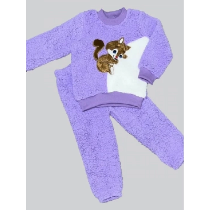 1-2-3 Yaş Masum Yavru Sincap Nakışlı Kuzu Kumaş Sweat Pantolon 2li Kız Erkek Bebek Takımı