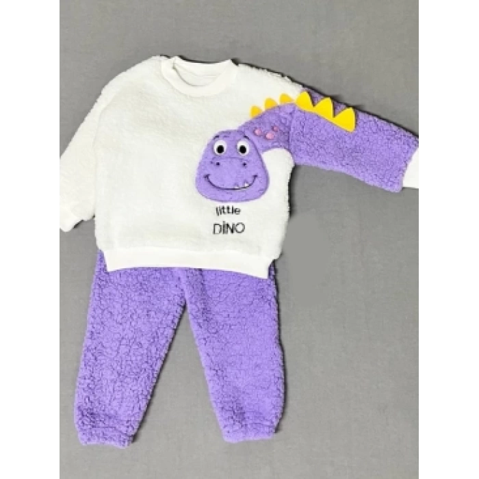 1-2-3 Yaş Minik Dino Kollu Kuzu Kumaş Sweat Pantolon Uzun Kollu Kız Erkek 2 Li Takımı