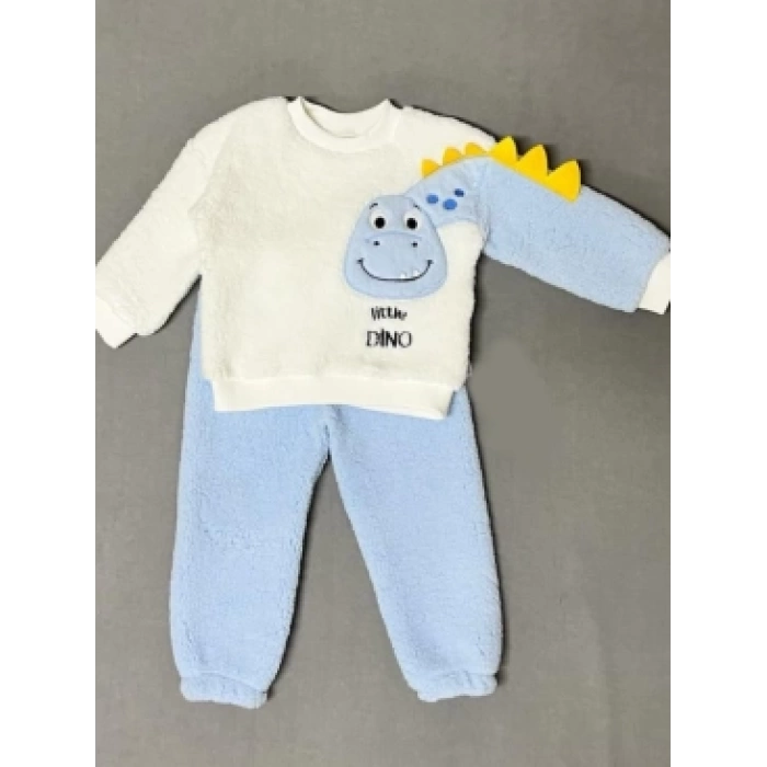 1-2-3 Yaş Minik Dino Kollu Kuzu Kumaş Sweat Pantolon Uzun Kollu Kız Erkek 2 Li Takımı