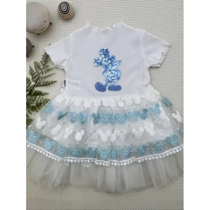 1-2-3 Yaş Payetli Çilek Baskılı Çilek Kuşaklı Kız Bebek Elbisesi