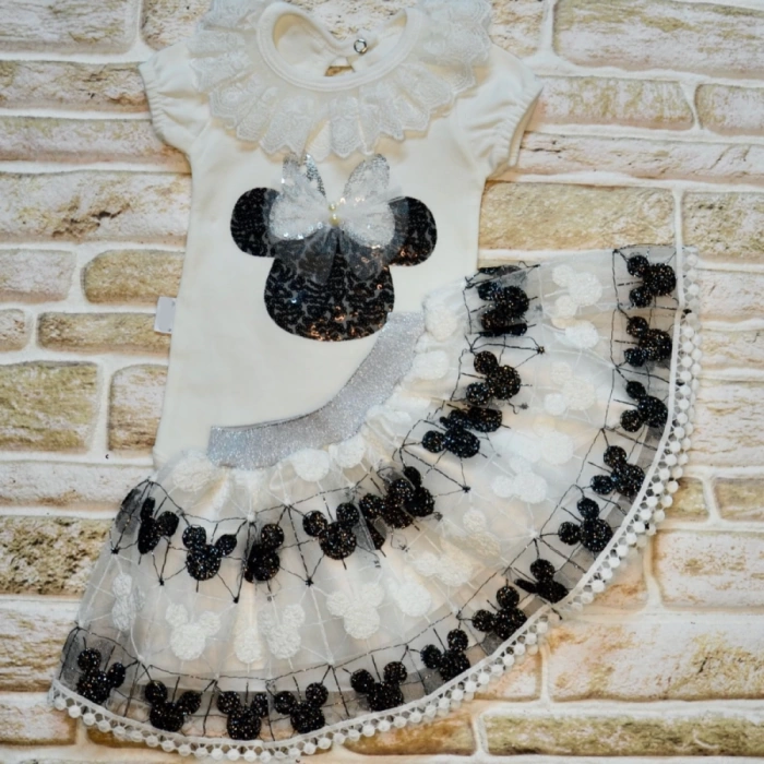 1-2-3 Yaş Payetli Mickey Nakışlı  Kısa Kollu Brode Etekli 2li Kız Bebek Takımı