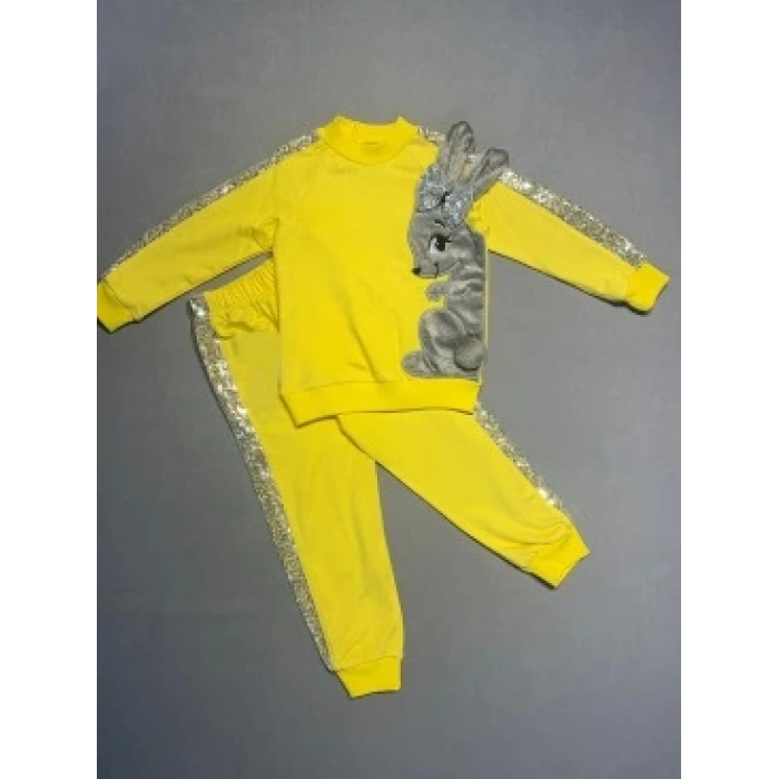 1-2-3 Yaş Payetli Pelüş Tavşan Desenli Likra Penye Kumaş Sweat Pantolonlu Kız 2li Çocuk Takımı
