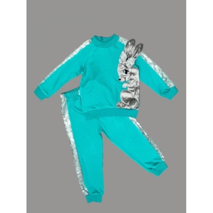 1-2-3 Yaş Payetli Pelüş Tavşan Desenli Likra Penye Kumaş Sweat Pantolonlu Kız 2li Çocuk Takımı