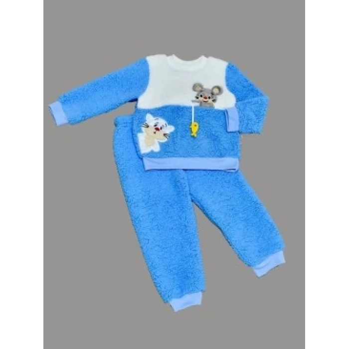 1-2-3 Yaş Sallanan Balık Nakışlı Kuzu Kumaş Sweat Pantolon Uzun Kollu Kız Erkek 2 Li Takımı