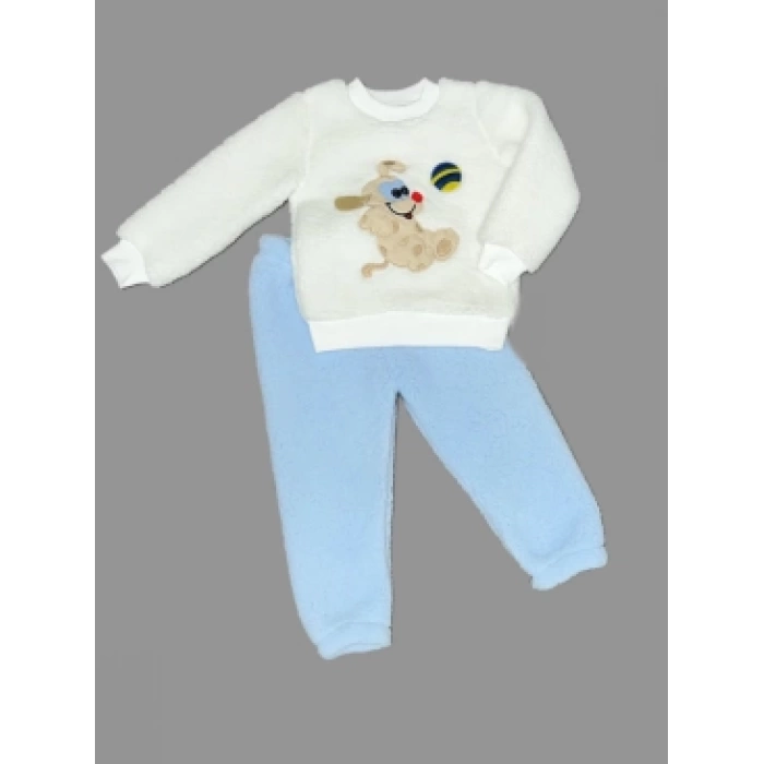 1-2-3 Yaş Toplu Köpek Nakışlı Kuzu Kumaş Sweat Pantolonlu Uzun Kollu Kız Erkek Bebek Takımı