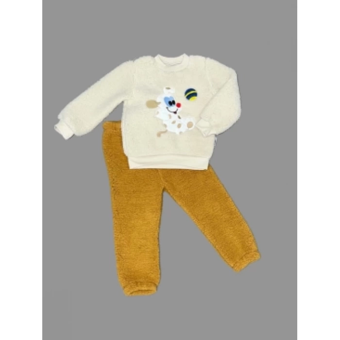 1-2-3 Yaş Toplu Köpek Nakışlı Kuzu Kumaş Sweat Pantolonlu Uzun Kollu Kız Erkek Bebek Takımı