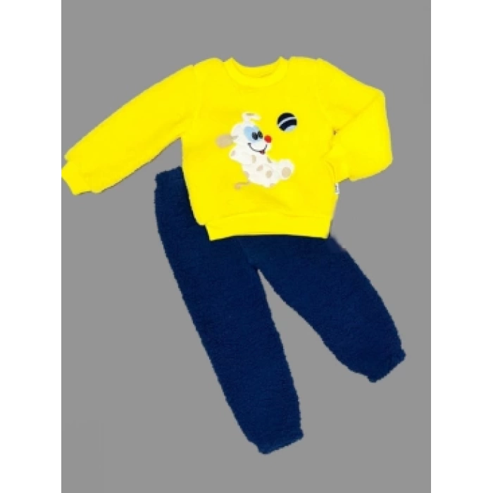 1-2-3 Yaş Toplu Köpek Nakışlı Kuzu Kumaş Sweat Pantolonlu Uzun Kollu Kız Erkek Bebek Takımı