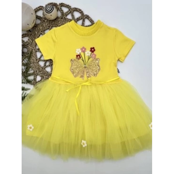 1-2-3 Yaş Tül Fiyonk Çiçekler Nakışlı Astarlı Kız Bebek Tütü Elbisesi