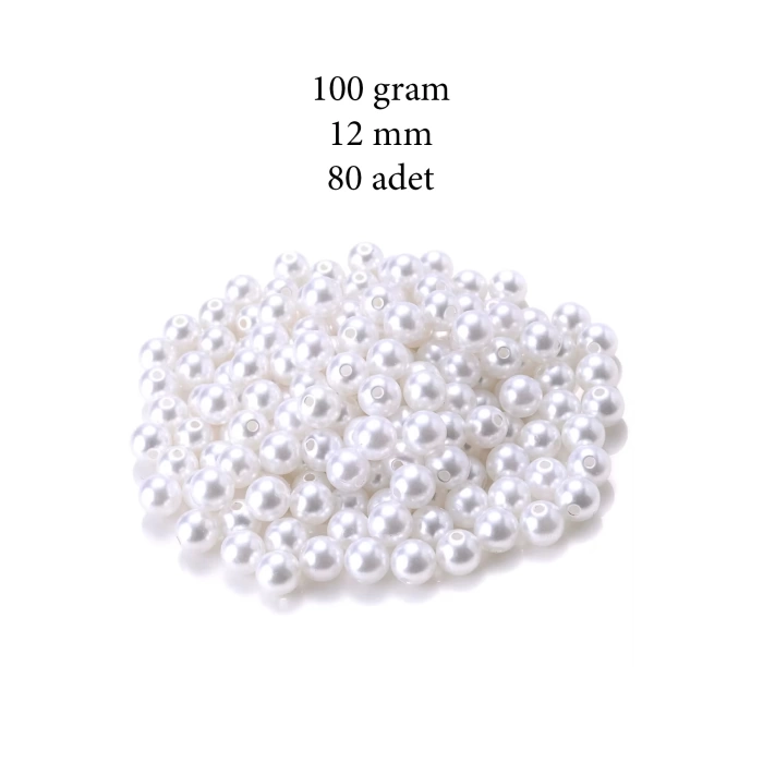 100 gram 12mm Beyaz Renk Plastik İnci Boncuk Çanta ve Takı Yapım Boncuğu (~80 adet)