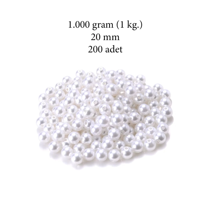 1.000 gram (1 kg.) 20mm Beyaz Renk Plastik İnci Boncuk Çanta ve Takı Yapım Boncuğu (~200 adet)