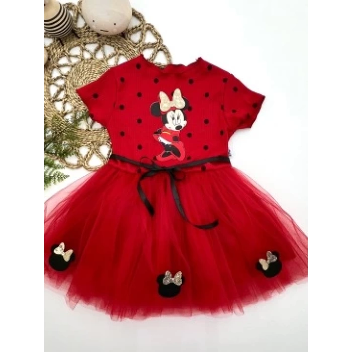 2-3-4 Yaş Puantiyeli Mickey Baskılı Kurdela Kuşaklı Astarlı Kız Bebek Tütü Elbisesi