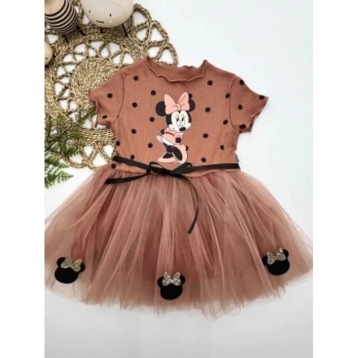 2-3-4 Yaş Puantiyeli Mickey Baskılı Kurdela Kuşaklı Astarlı Kız Bebek Tütü Elbisesi