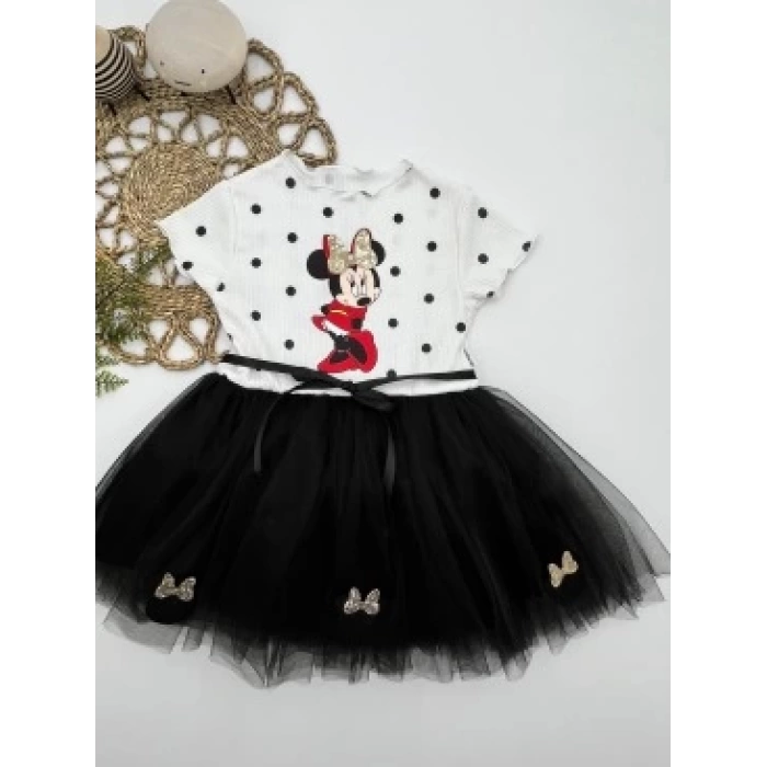 2-3-4 Yaş Puantiyeli Mickey Baskılı Kurdela Kuşaklı Astarlı Kız Bebek Tütü Elbisesi