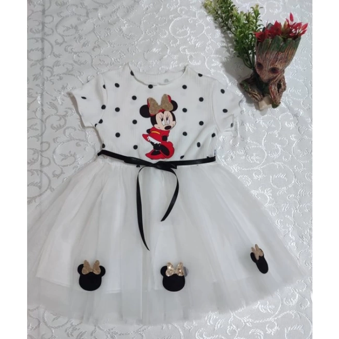 2-3-4 Yaş Puantiyeli Mickey Baskılı Kurdela Kuşaklı Astarlı Kız Bebek Tütü Elbisesi