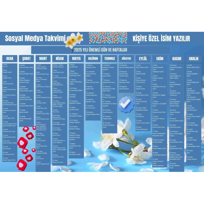2025 Kişiye Özel Sosyal Medya Takvimi - Özel Günlerle Dolu Eğlenceli Duvar Afişi Çiçek