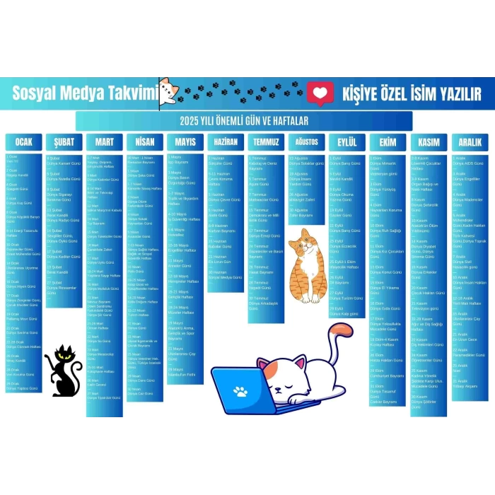 2025 Kişiye Özel Sosyal Medya Takvimi - Özel Günlerle Dolu Eğlenceli Duvar Afişi Kedi Mavi