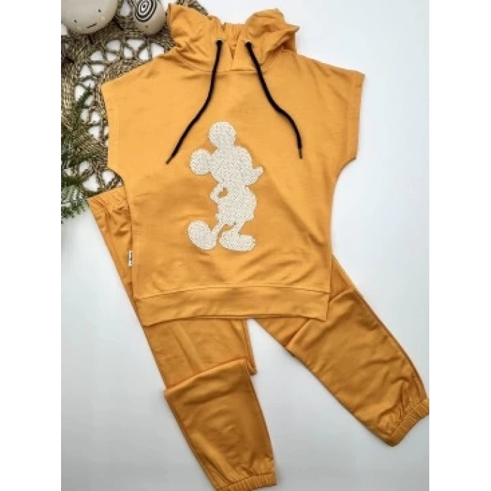 3-4-5 Yaş Kapşonlu Payetli Mickey Desenli Kısa Kol 2li Kız Erkek Çocuk Takımı