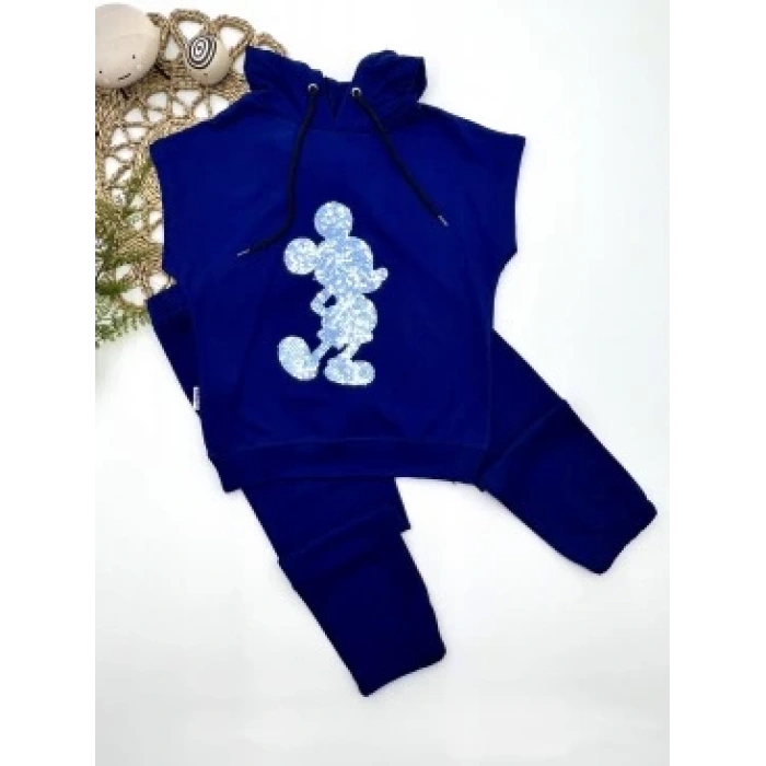 3-4-5 Yaş Kapşonlu Payetli Mickey Desenli Kısa Kol 2li Kız Erkek Çocuk Takımı
