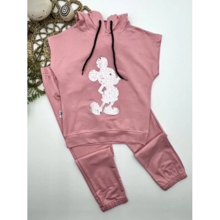 3-4-5 Yaş Kapşonlu Payetli Mickey Desenli Kısa Kol 2li Kız Erkek Çocuk Takımı