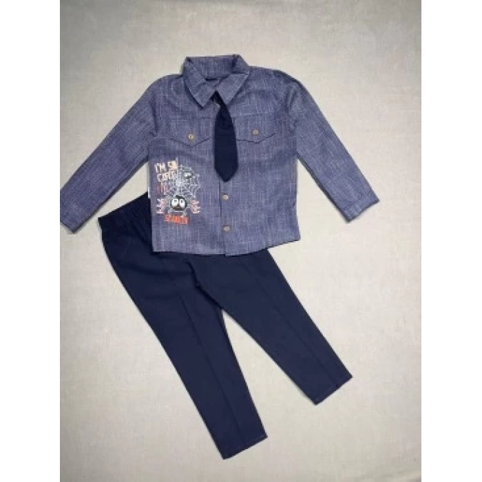 3-4-5 Yaş Kravatlı Keten Gömlek Gabardin Pantolon Uzun Kollu 3lü Erkek Çocuk Takımı
