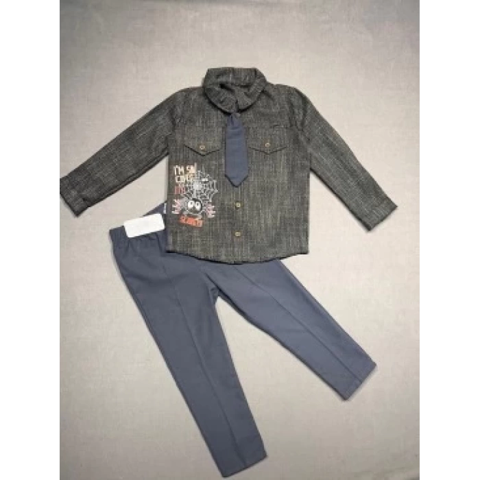 3-4-5 Yaş Kravatlı Keten Gömlek Gabardin Pantolon Uzun Kollu 3lü Erkek Çocuk Takımı