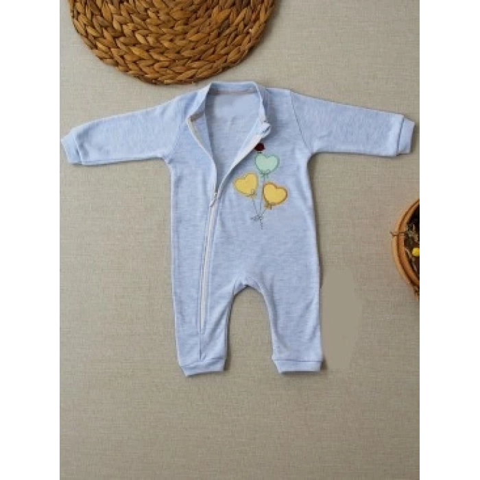 3-6 18-24 24-36 Ay Uçan Balonlar Nakışlı Ef Boy Fermuarlı Erkek Bebek Tulumu