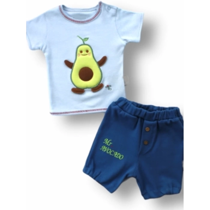 3-6 6-9 9-12 12-18 Ay Avokado Nakışlı Kısa Kollu Sweatli Şortlu 2li Kız-erkek Bebek Takımı