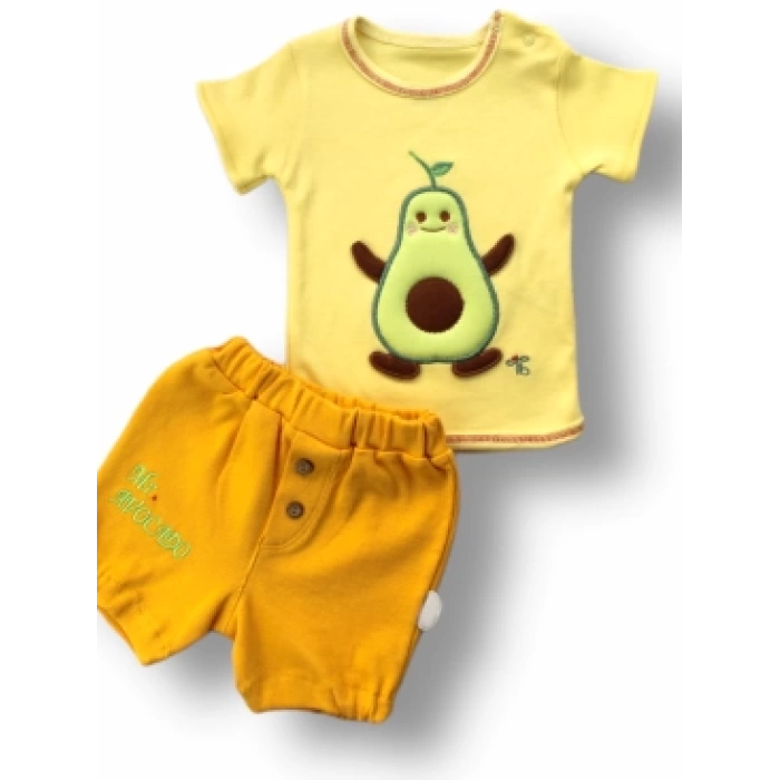 3-6 6-9 9-12 12-18 Ay Avokado Nakışlı Kısa Kollu Sweatli Şortlu 2li Kız-erkek Bebek Takımı