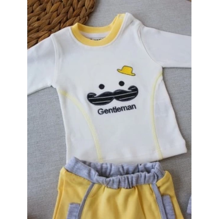 3-6 6-9 9-12 Ay Gentleman Erkek Nakışlı Şapkalı Uzun Kollu Sweat 3lü Erkek Bebek Takımı