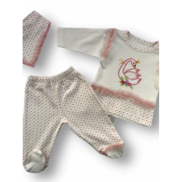 3-6 6-9 9-12 Ay Kraliçe Kuğu Nakışlı Bandajlı Uzun Kollu Sweatli 3lü Kız Bebek Takımı