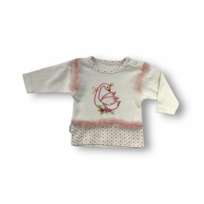 3-6 6-9 9-12 Ay Kraliçe Kuğu Nakışlı Bandajlı Uzun Kollu Sweatli 3lü Kız Bebek Takımı