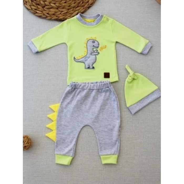 3-6 6-9 9-12 Ay Minik Dino Nakışlı Şapkalı Uzun Kollu Sweat 3lü Kız-erkek Bebek Takımı