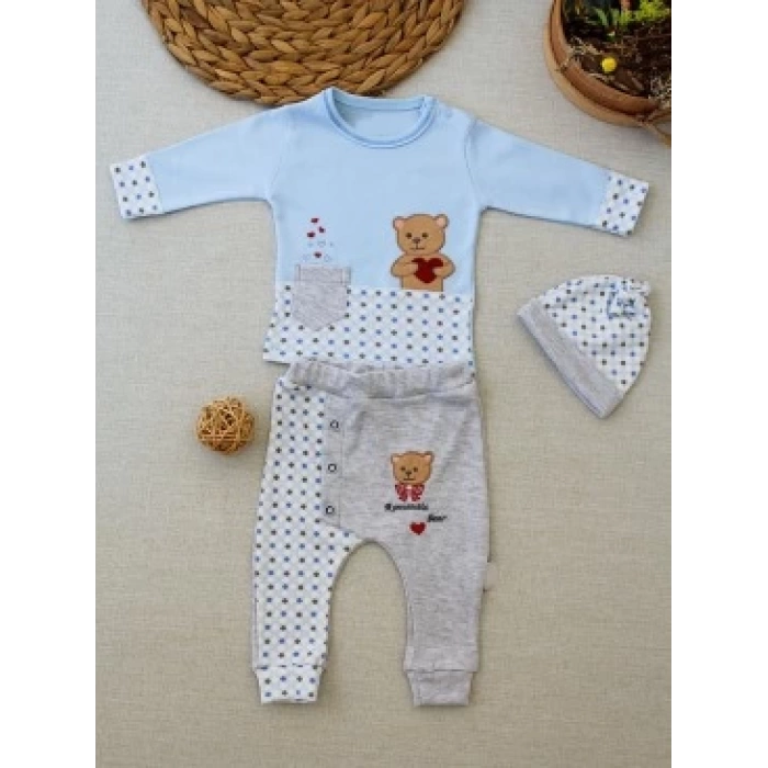 3-6 9-12 12-18 Ay Romantik Ayıcık Nakışlı Şapkalı Uzun Kollu Sweatli 3lü Kız-erkek Bebek Takımı