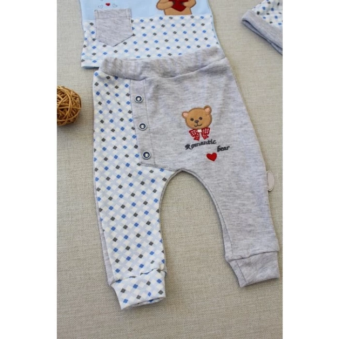 3-6 9-12 12-18 Ay Romantik Ayıcık Nakışlı Şapkalı Uzun Kollu Sweatli 3lü Kız-erkek Bebek Takımı