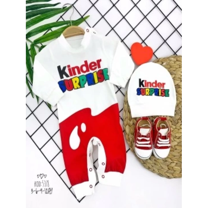 3-6-9-12 Ay Kinder Surprise Baskılı Çıtçıt Kapamalı Şapkalı 2li Kız Erkek Bebek Tulumu