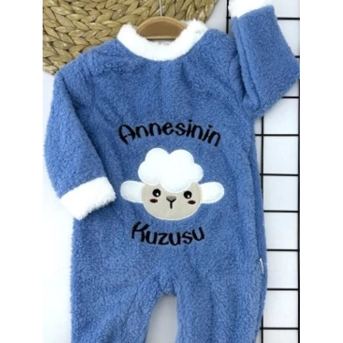 3-6-9-12 Ay Kuzu Tüylü Kumaş Annesinin Kuzusu Nakışlı Alttan Çıtçıtlı Kız Erkek Bebek Tulumu