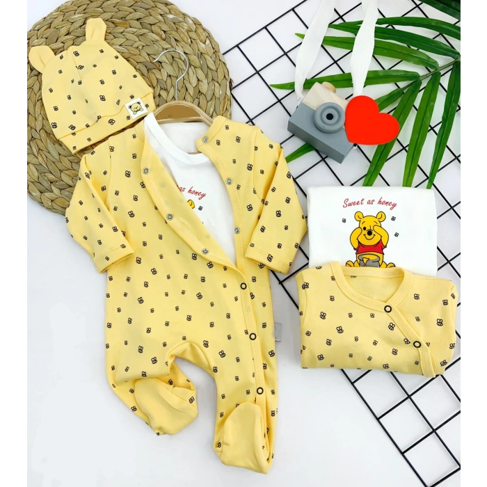 3-6-9-12 Ay Pooh Desenli Şapkalı Sweatli 3lü Kız Erkek Bebek Tulum