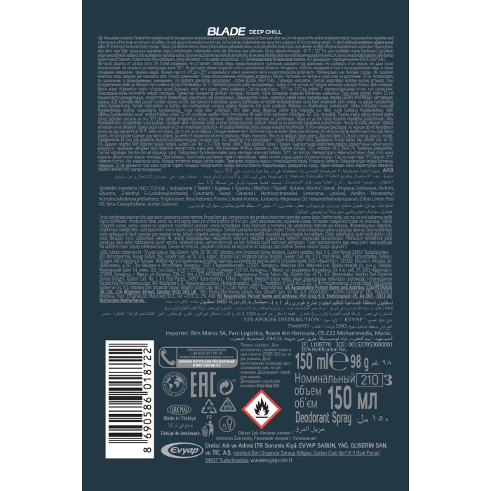 3 Adet Blade Deep Chill Erkek Deodorant 150 Ml Hızlı Kurur, Leke Bırakmaz