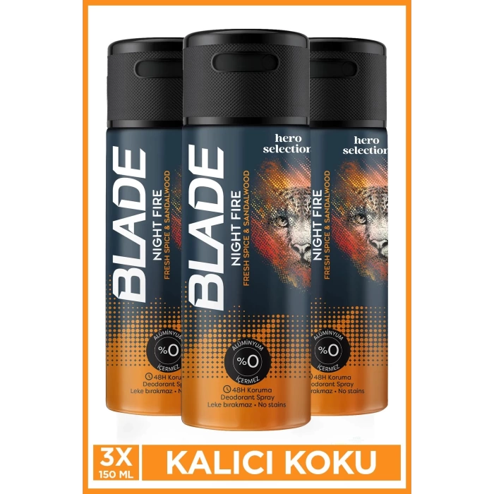 3 Adet Blade Hero Selection Serisi Night Fire Erkek Deodorant 150 Ml