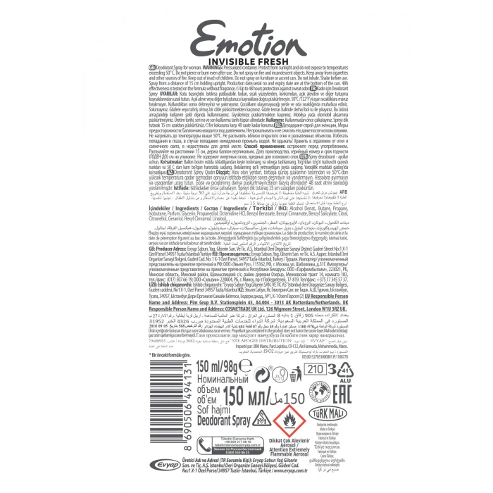 3 Adet Emotion Invisible Fresh Black & White Kadın Deodorant 150ml Vegan, Leke Bırakmaz