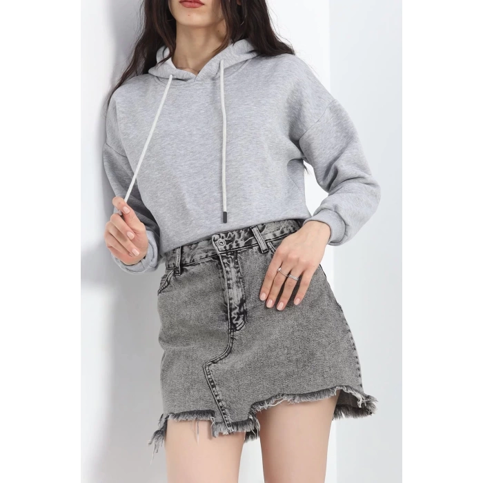 3 İplik Kapşonlu Crop Sweat Gri - 20959.1878.