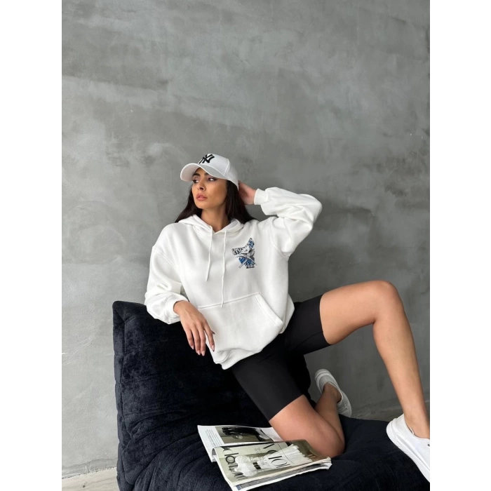 3 iplik şardonlu oversize compact kafa baskılı sweat beyaz