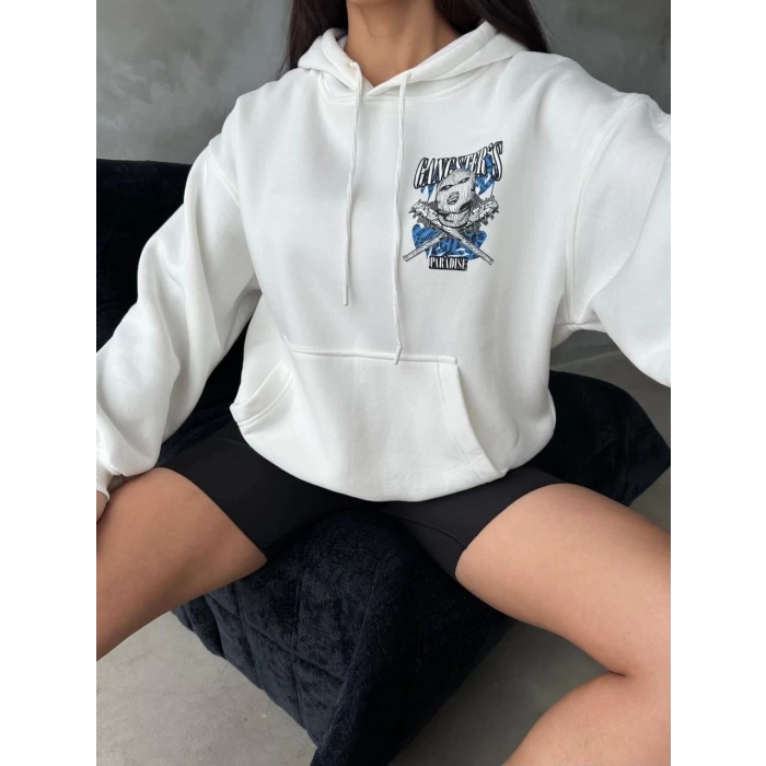 3 iplik şardonlu oversize compact kafa baskılı sweat beyaz